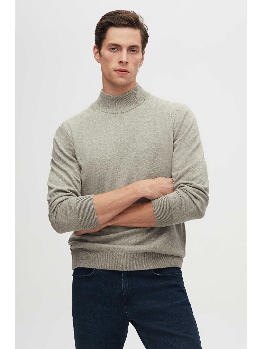 Regular Fit Gri Pamuk Karışımlı Yarım Balıkçı Triko Kazak-1