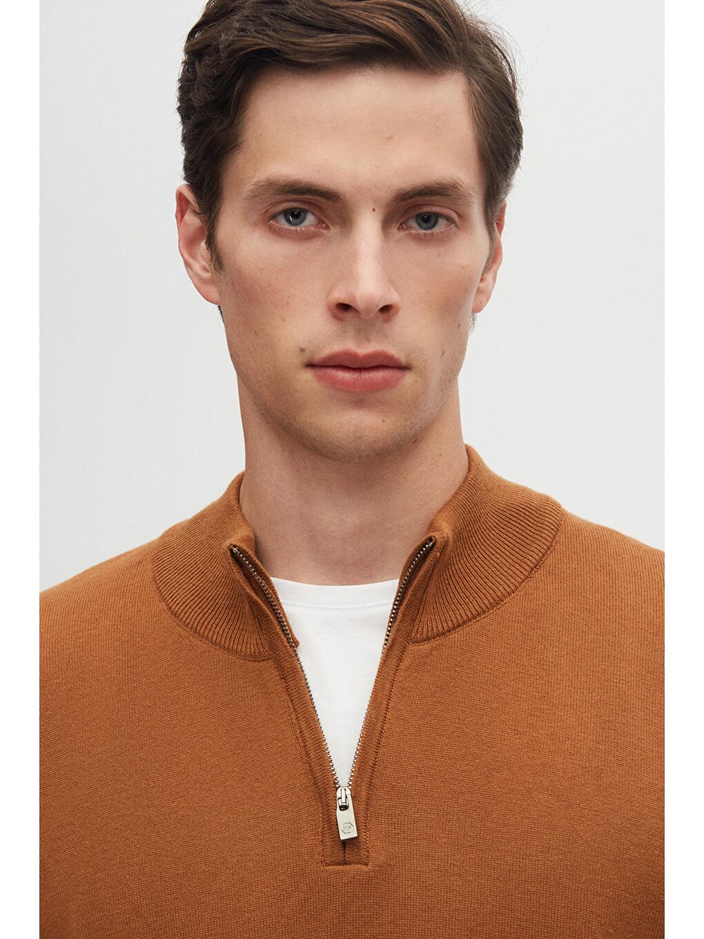 Kahverengi Slim Fit Tarçın Yarım Fermuarlı Triko Kazak-2