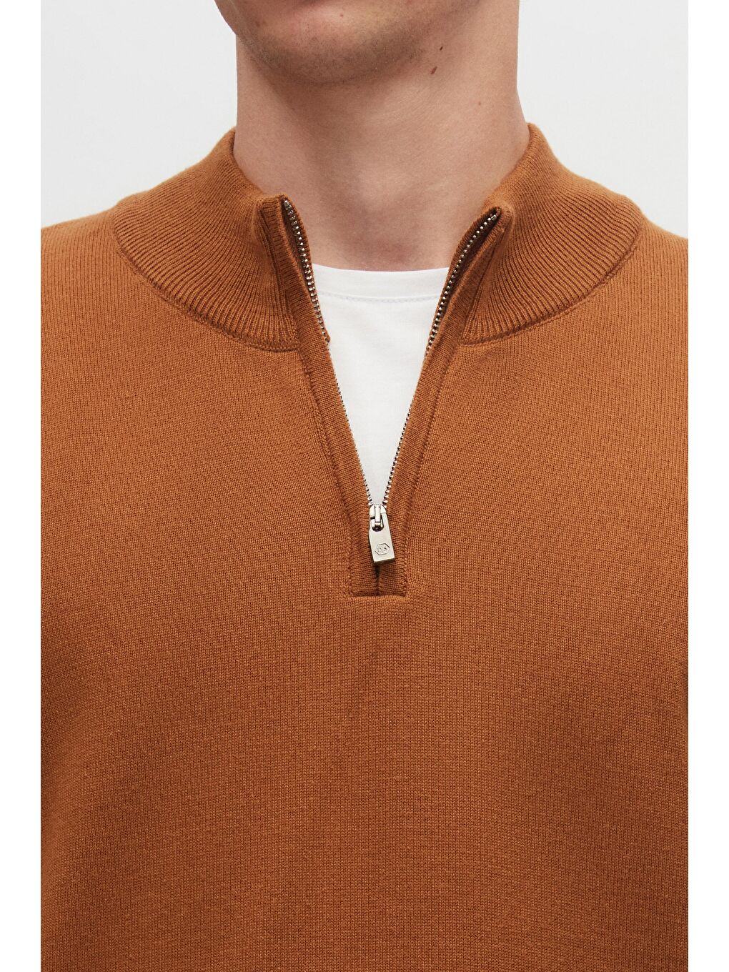 Kahverengi Slim Fit Tarçın Yarım Fermuarlı Triko Kazak-3