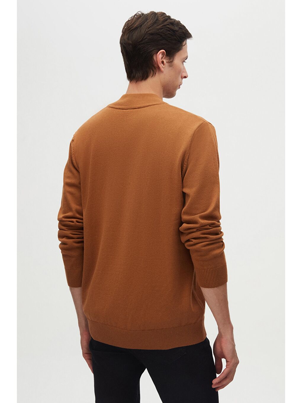 Kahverengi Slim Fit Tarçın Yarım Fermuarlı Triko Kazak-5