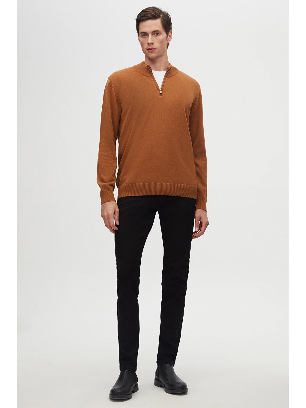 Kahverengi Slim Fit Tarçın Yarım Fermuarlı Triko Kazak-6