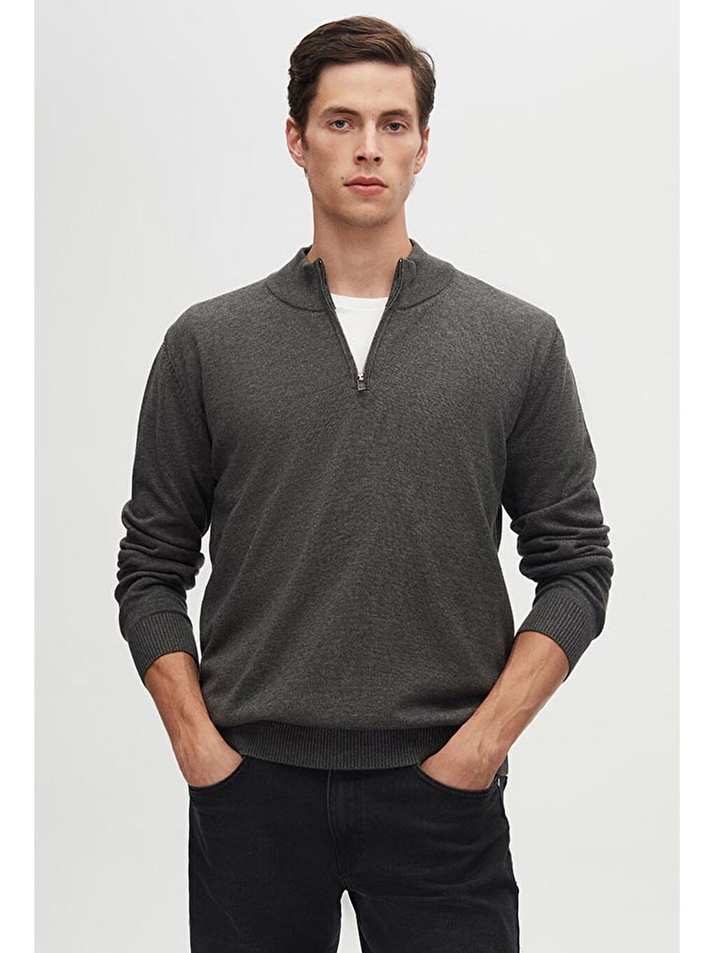 Slim Fit Antrasit Yarım Fermuarlı Triko Kazak