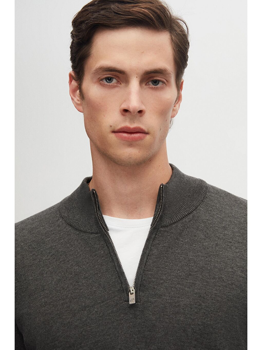 Slim Fit Antrasit Yarım Fermuarlı Triko Kazak-1