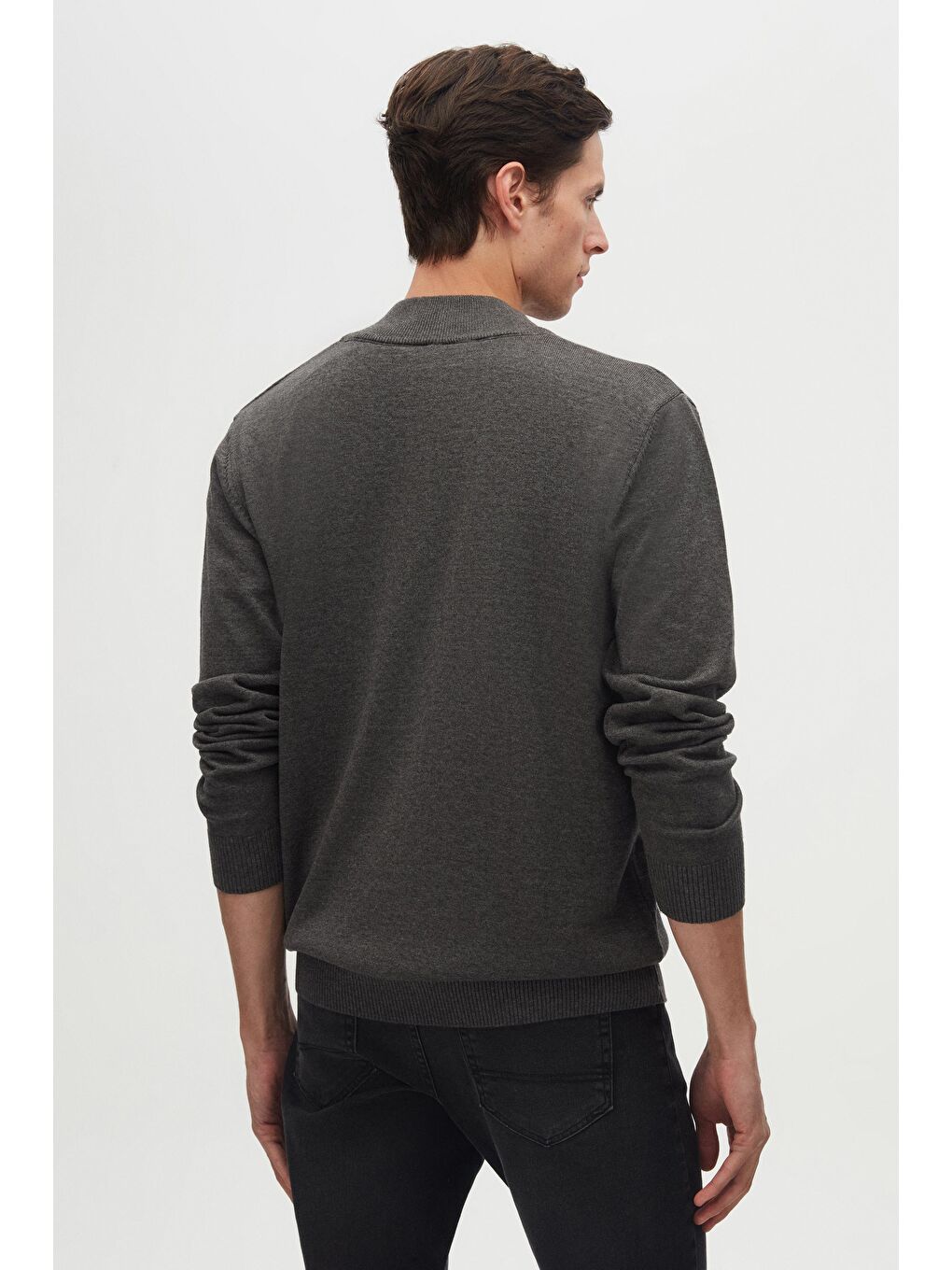Slim Fit Antrasit Yarım Fermuarlı Triko Kazak-3