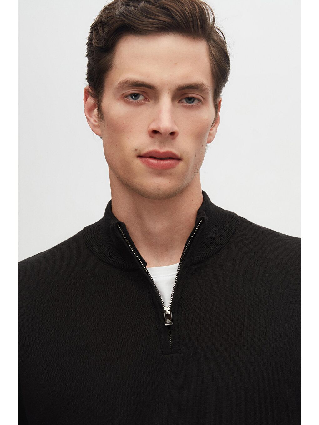 Slim Fit Siyah Yarım Fermuarlı Triko Kazak-2