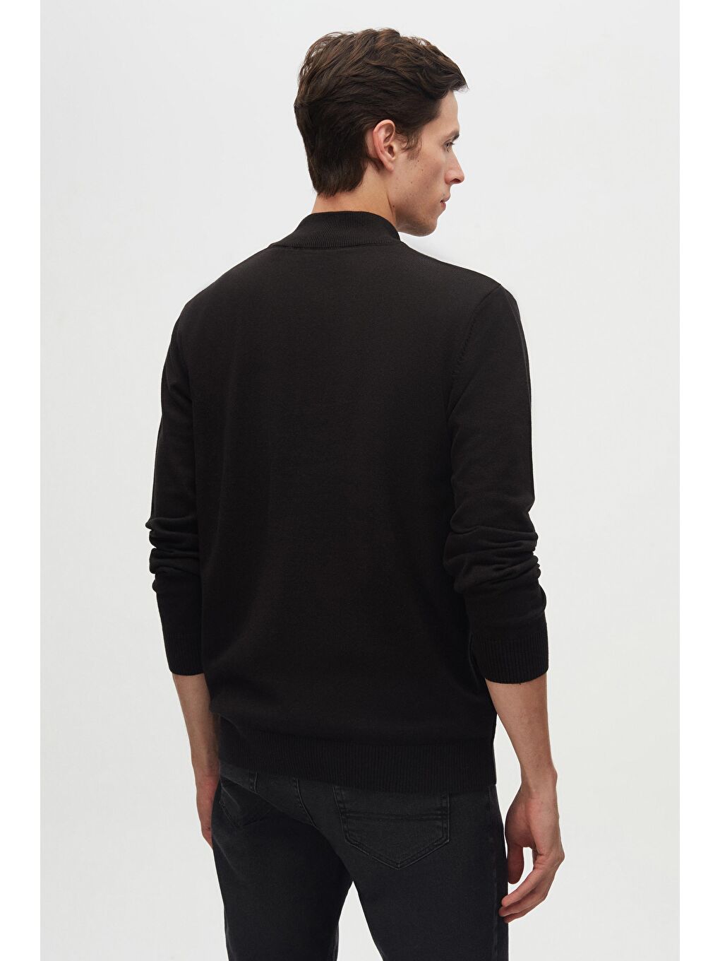 Slim Fit Siyah Yarım Fermuarlı Triko Kazak-5