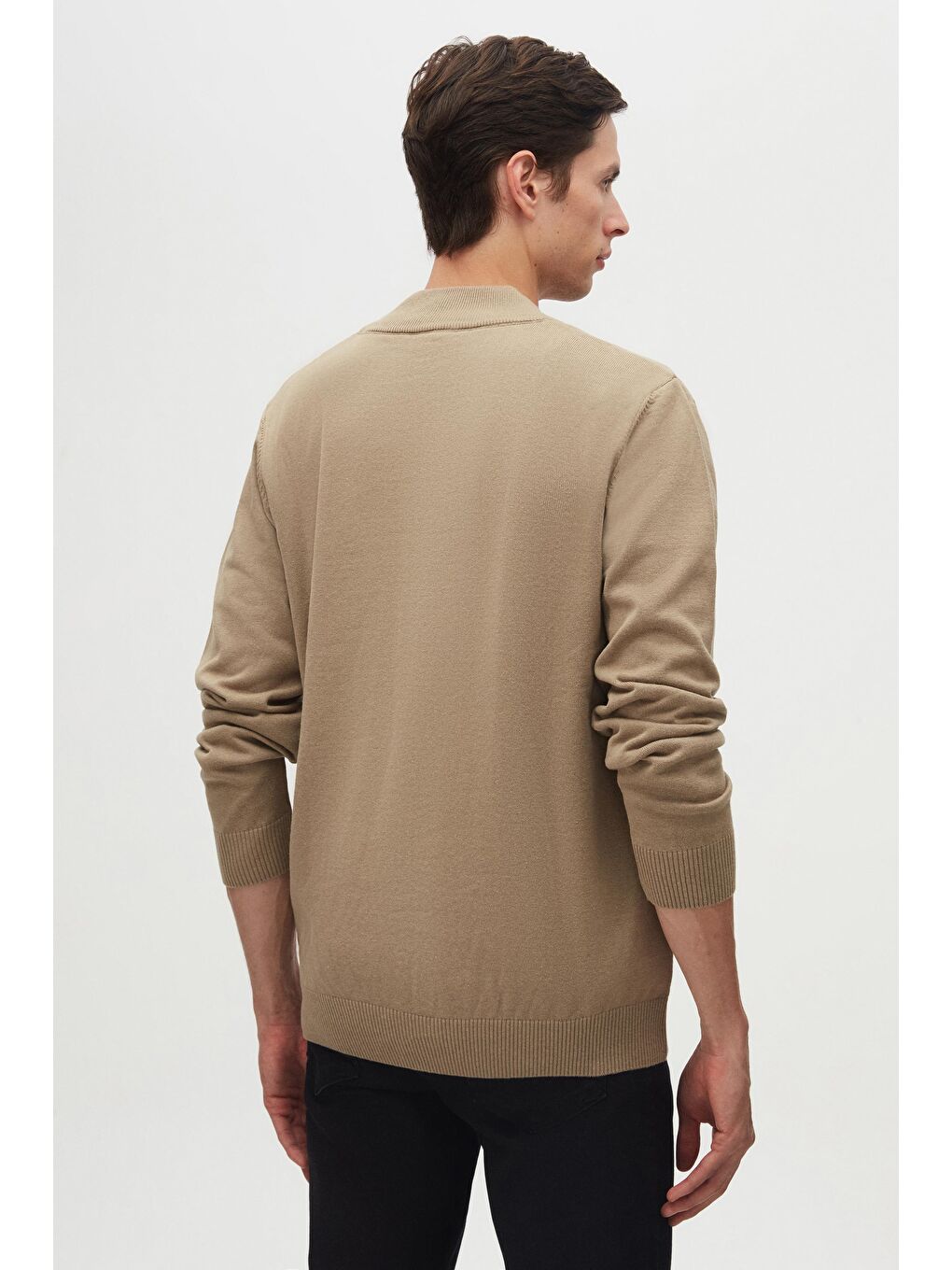 Slim Fit Bej Yarım Fermuarlı Triko Kazak-2