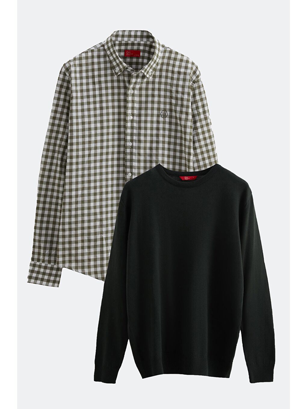 Slim Fit Yeşil Pamuk Karışımlı 2'Li Bisiklet Yaka Triko Ve Gömlek