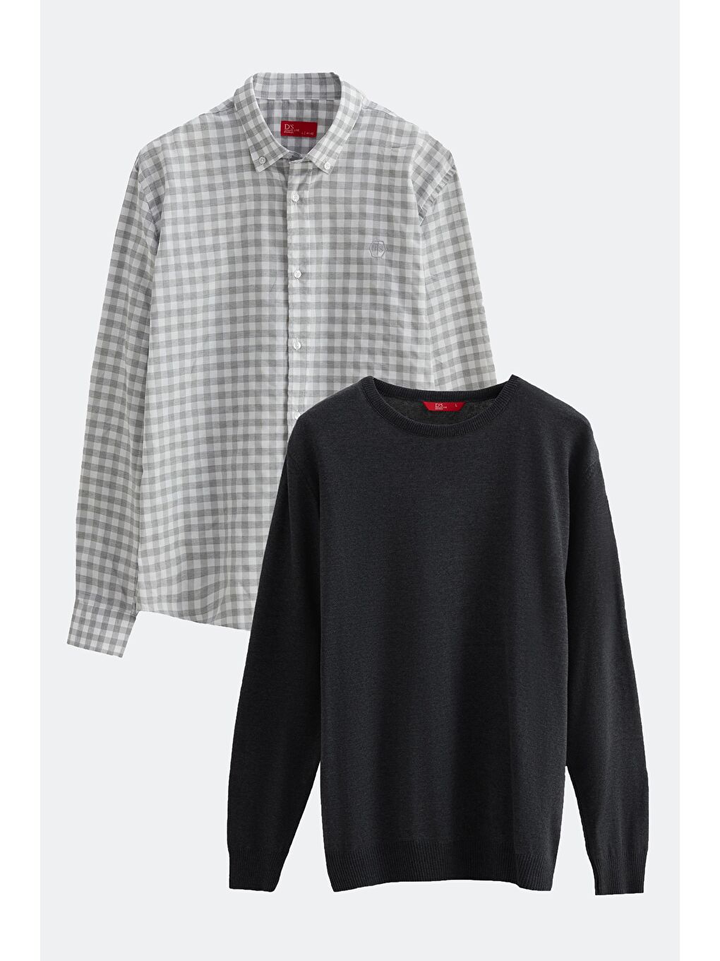 Slim Fit Gri Pamuk Karışımlı 2'Li Bisiklet Yaka Triko Ve Gömlek