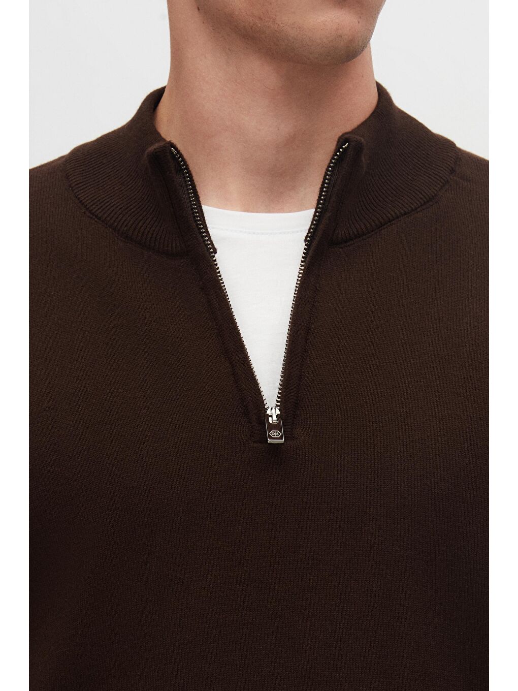 Slim Fit Kahverengi Yarım Fermuarlı Triko Kazak-5