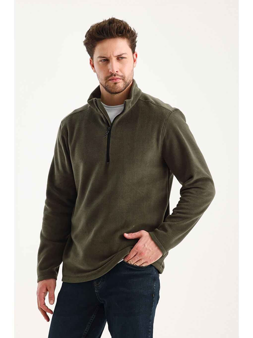 Haki Erkek Polar  Standart Fit Dik Yaka Yarım Fermuarlı Polar Soğuk Geçirmez