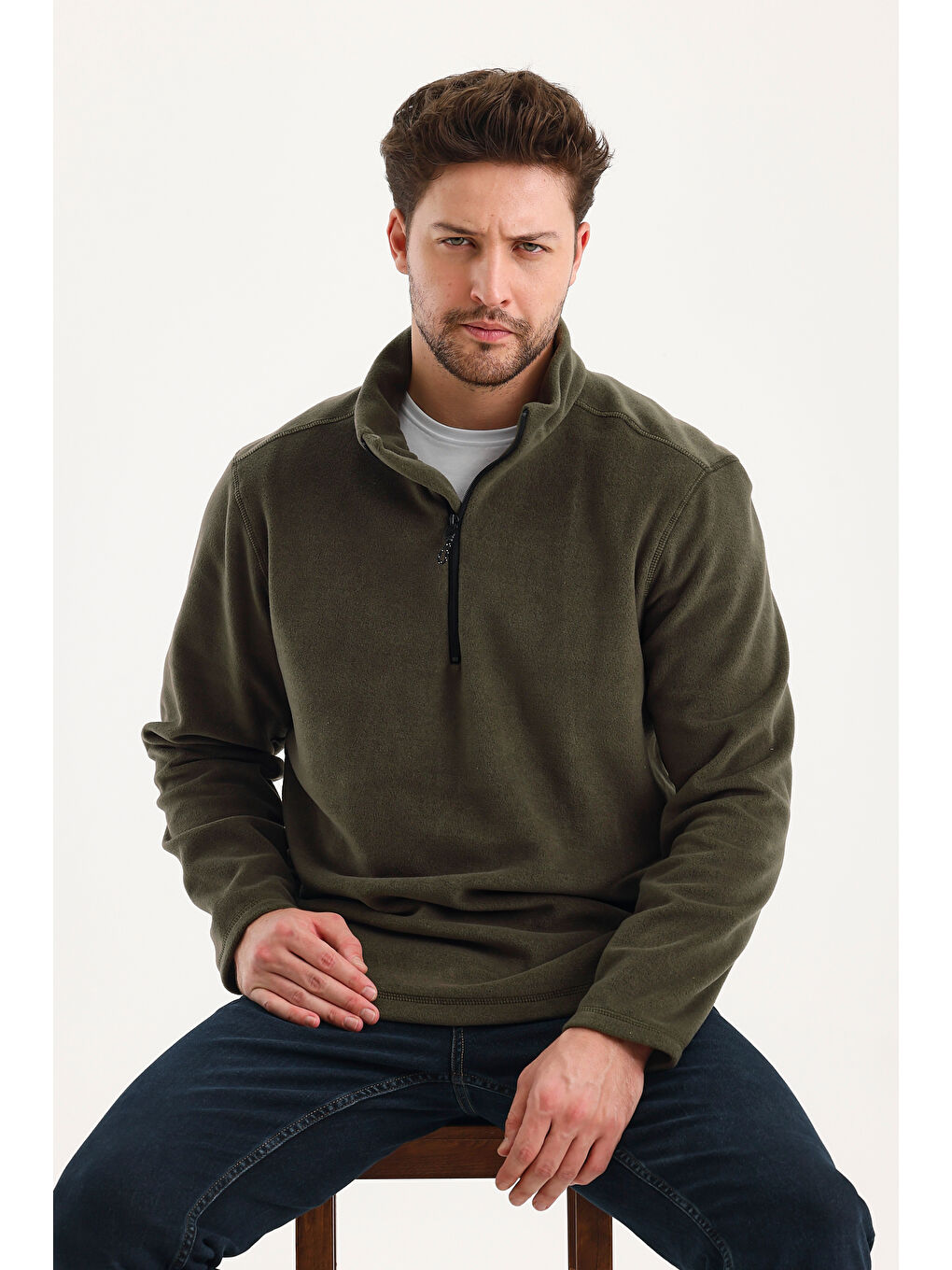Haki Erkek Polar  Standart Fit Dik Yaka Yarım Fermuarlı Polar Soğuk Geçirmez-1