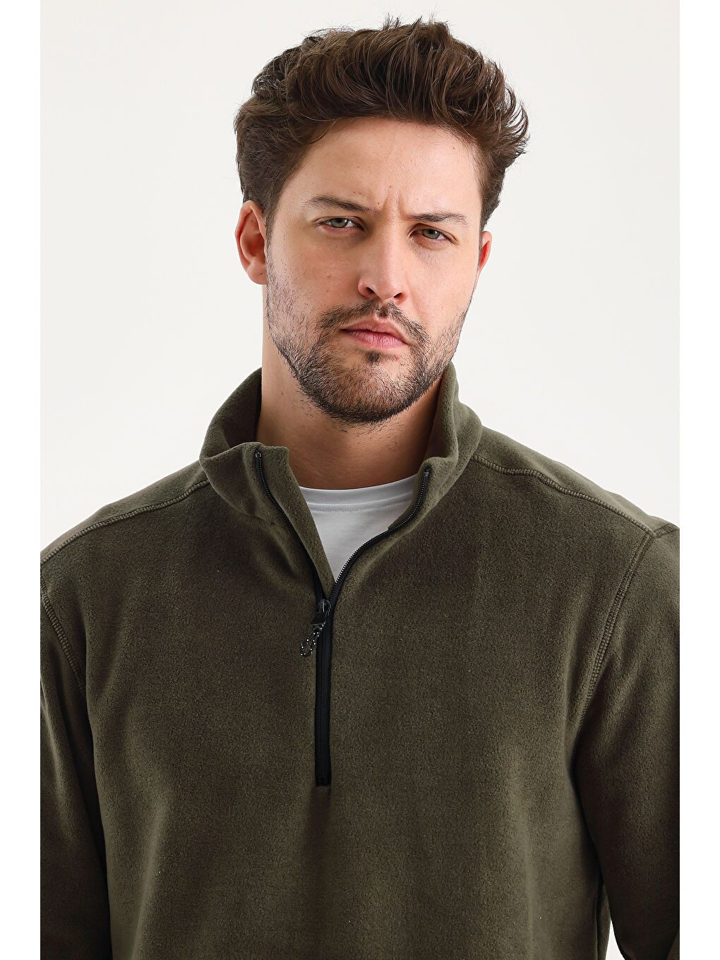 Haki Erkek Polar  Standart Fit Dik Yaka Yarım Fermuarlı Polar Soğuk Geçirmez-2