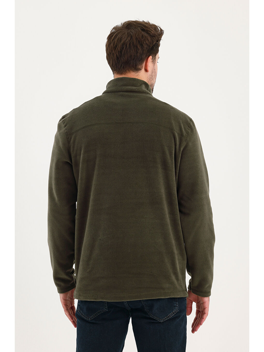 Haki Erkek Polar  Standart Fit Dik Yaka Yarım Fermuarlı Polar Soğuk Geçirmez-3