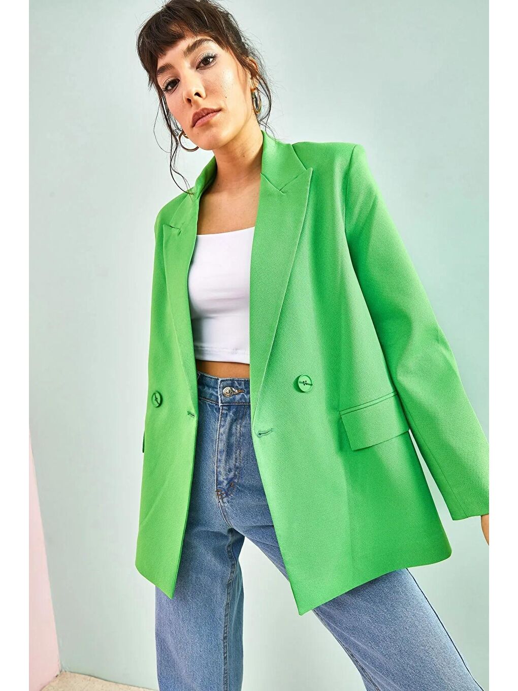 Yeşil Kadın Çift Cepli Cift Düğmeli Ceket