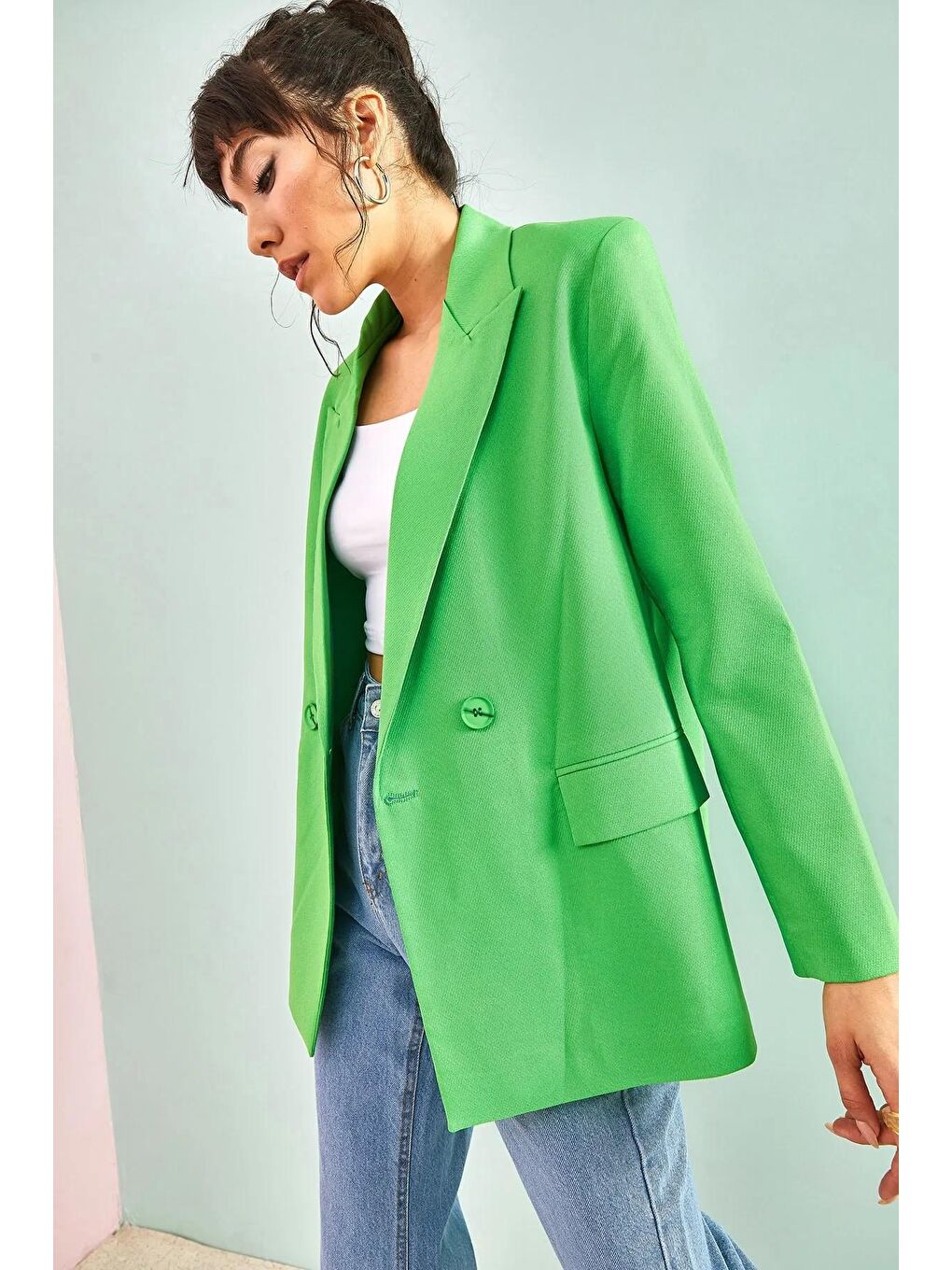 Yeşil Kadın Çift Cepli Cift Düğmeli Ceket-1