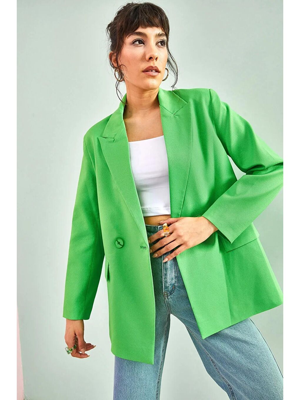 Yeşil Kadın Çift Cepli Cift Düğmeli Ceket-2