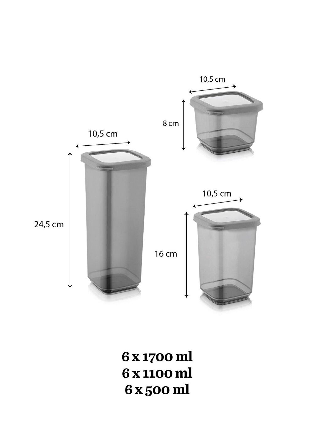 Meleni Home Antrasit 18'li Silikon Kapaklı Kare Erzak Saklama Kabı Seti 6x(0,5 Lt-1,1 Lt-1,7 Lt) Baharatlık Seti Antrasit - 2