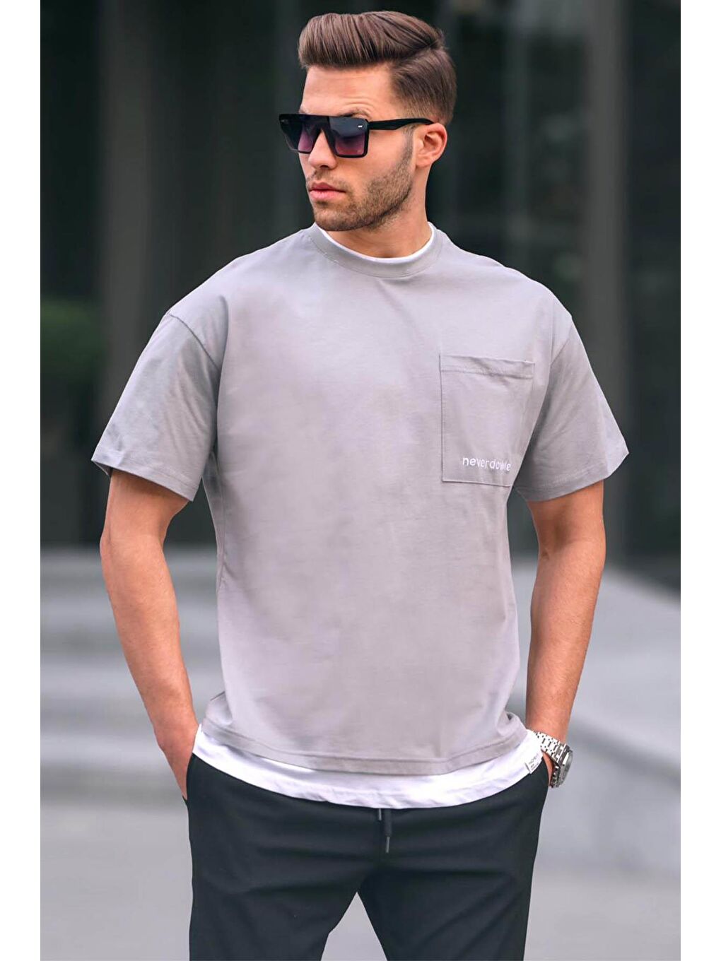 Boyalı Gri Parçalı Basic Erkek %100 Pamuk Tişört 6090