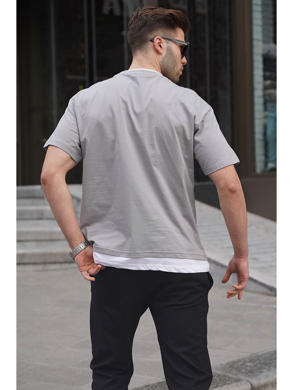Boyalı Gri Parçalı Basic Erkek %100 Pamuk Tişört 6090-1