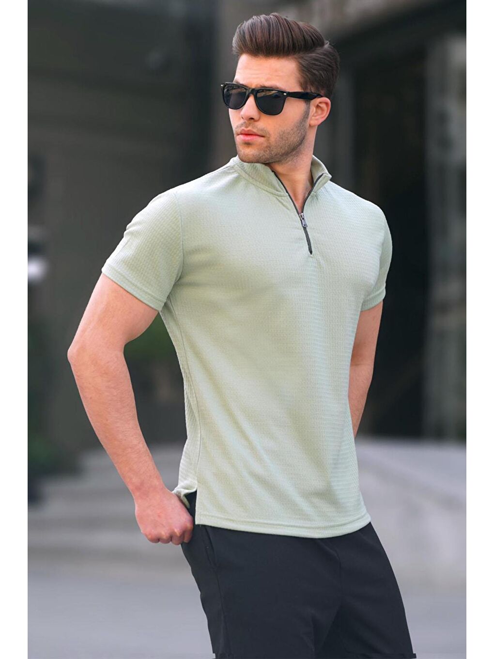 Fermuar Yaka Mint Yeşili Erkek %100 Pamuk Tişört 6120