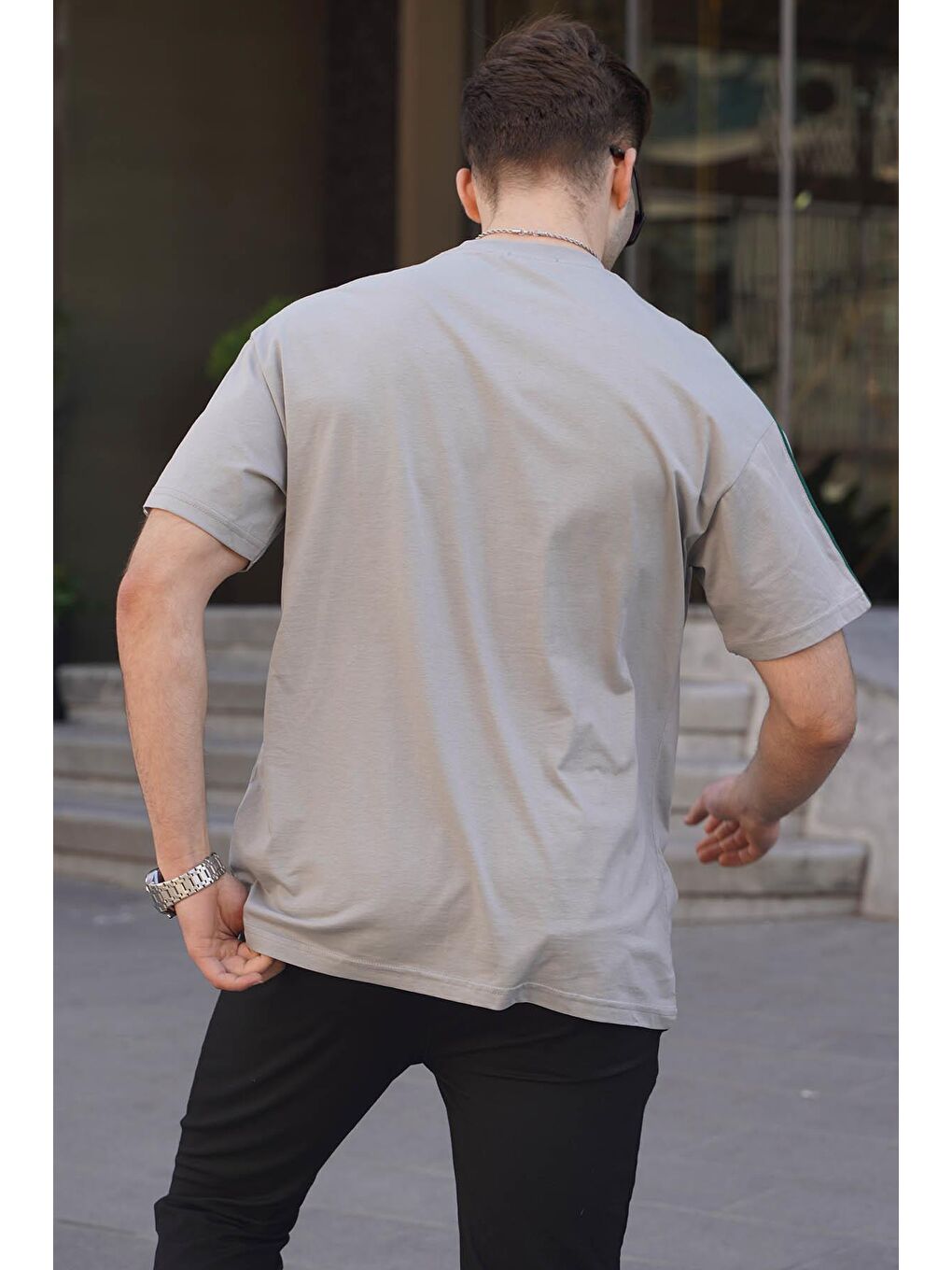 Boyalı Gri Baskılı Over Fit Erkek %100 Pamuk Tişört 6111-1