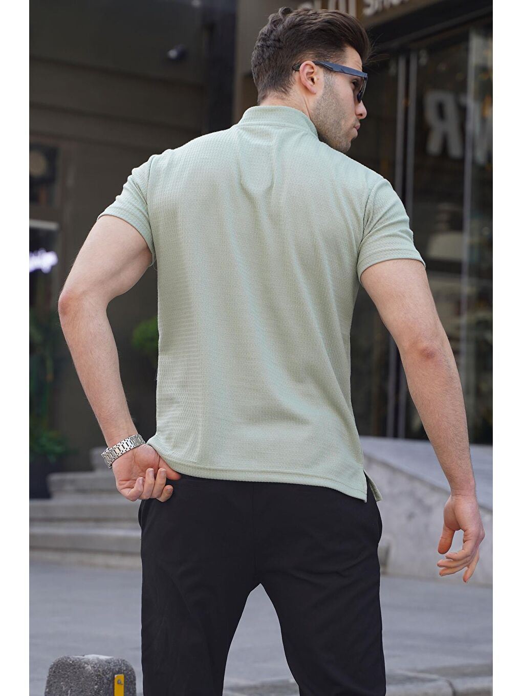 Fermuar Yaka Mint Yeşili Erkek %100 Pamuk Tişört 6120-1