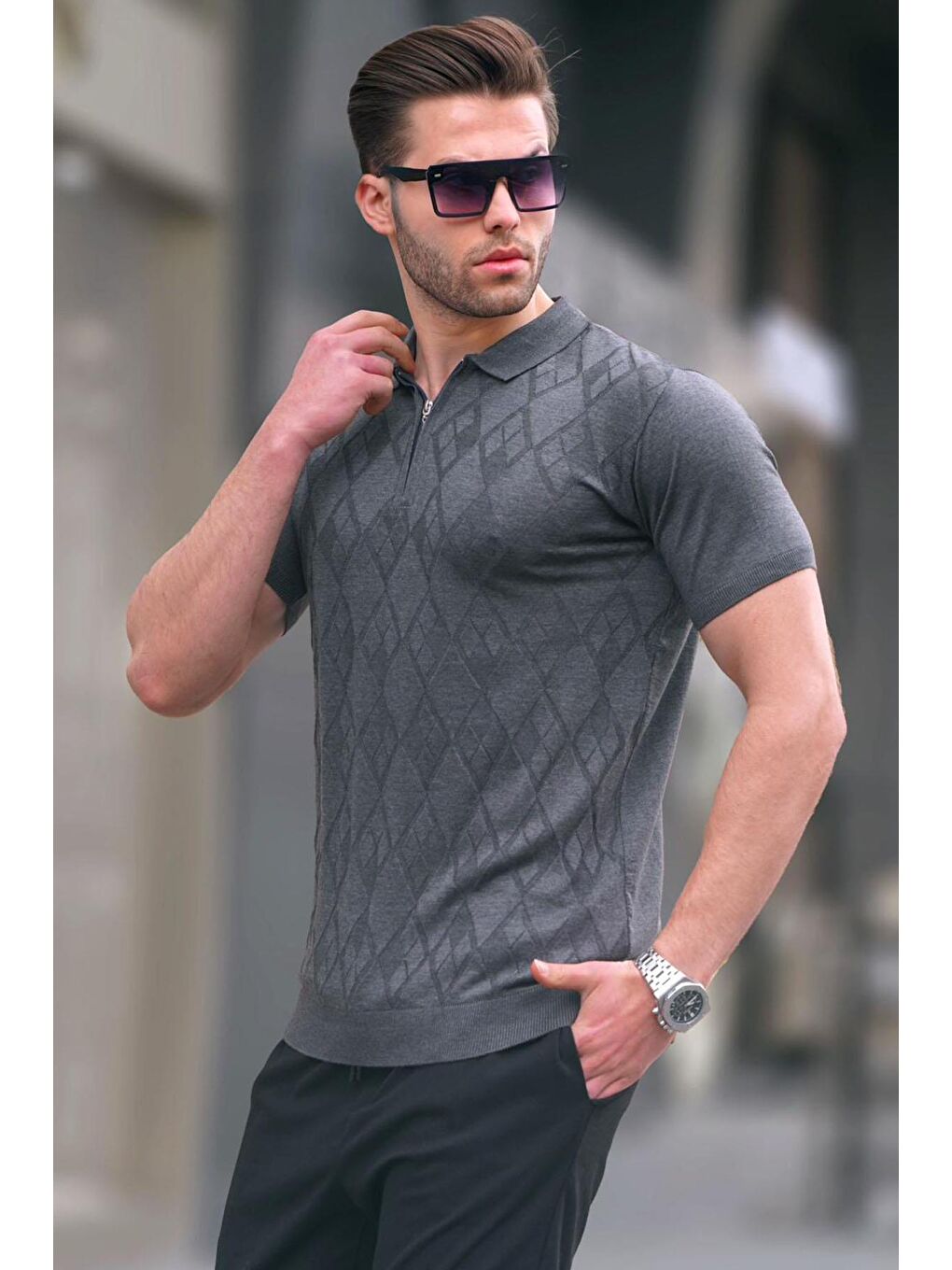 Desenli Triko Antrasit Polo Yaka Tişört 6357