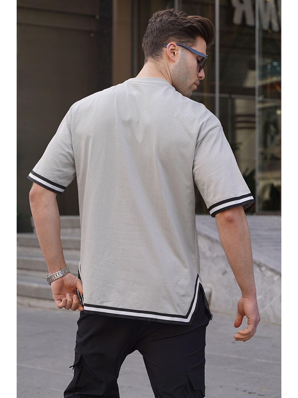 Boyalı Gri Bisiklet Yaka Şeritli %100 Pamuk Tişört 6097-1