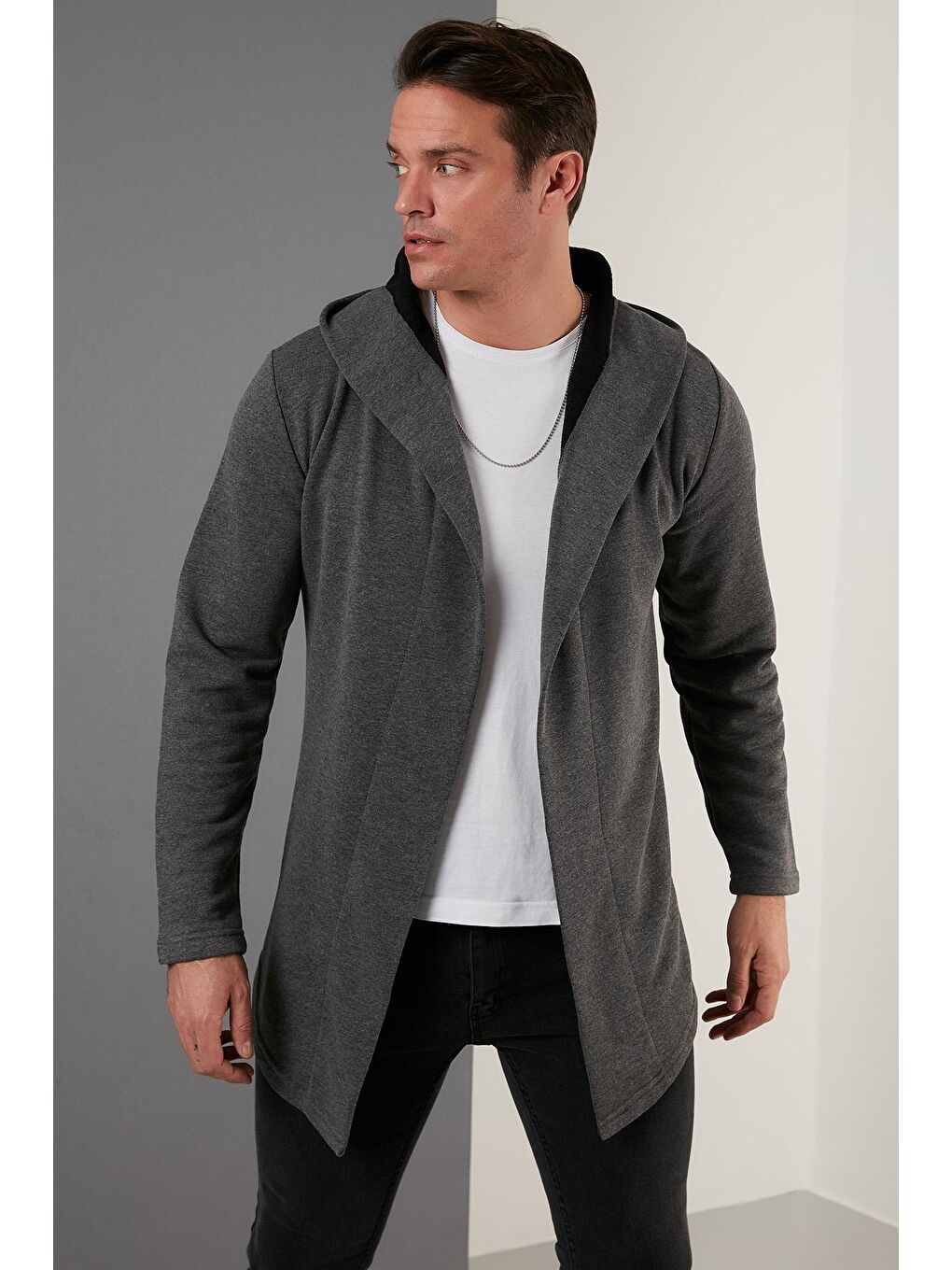 Antrasit Slim Fit Pamuklu Kapüşonlu Örme Hırka 5896587