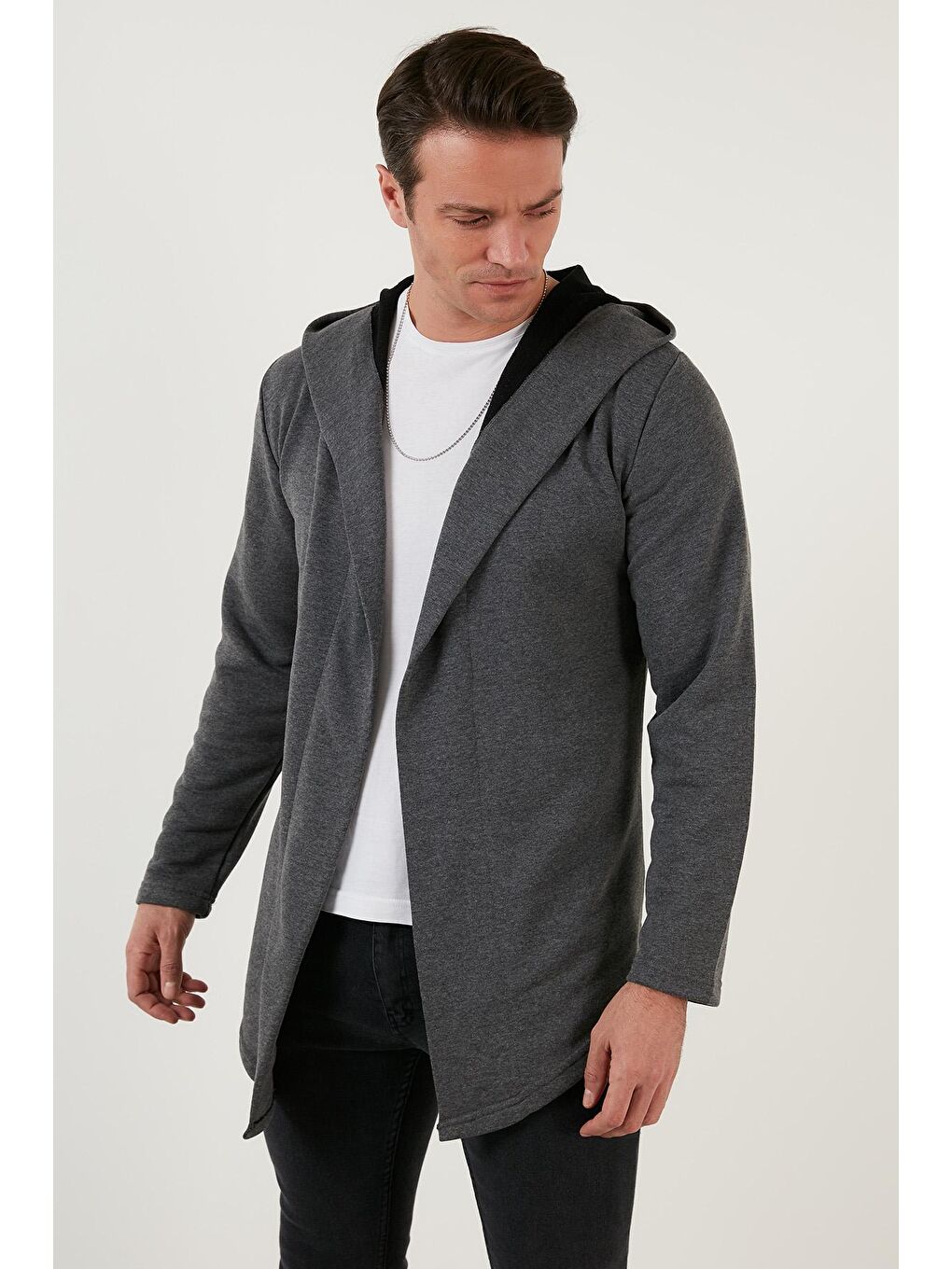 Antrasit Slim Fit Pamuklu Kapüşonlu Örme Hırka 5896587-1
