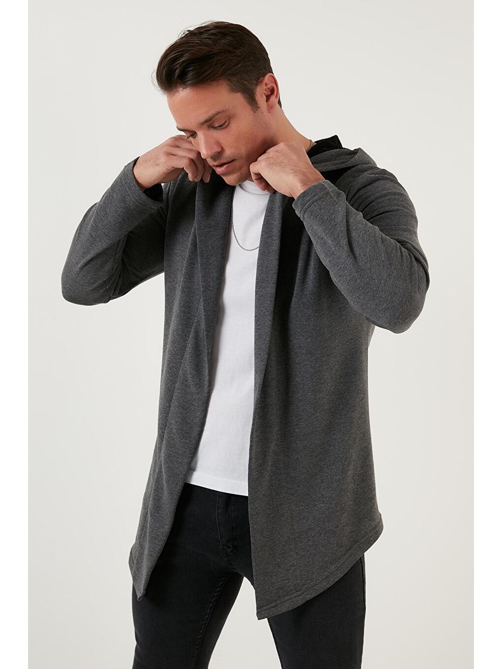 Antrasit Slim Fit Pamuklu Kapüşonlu Örme Hırka 5896587-2