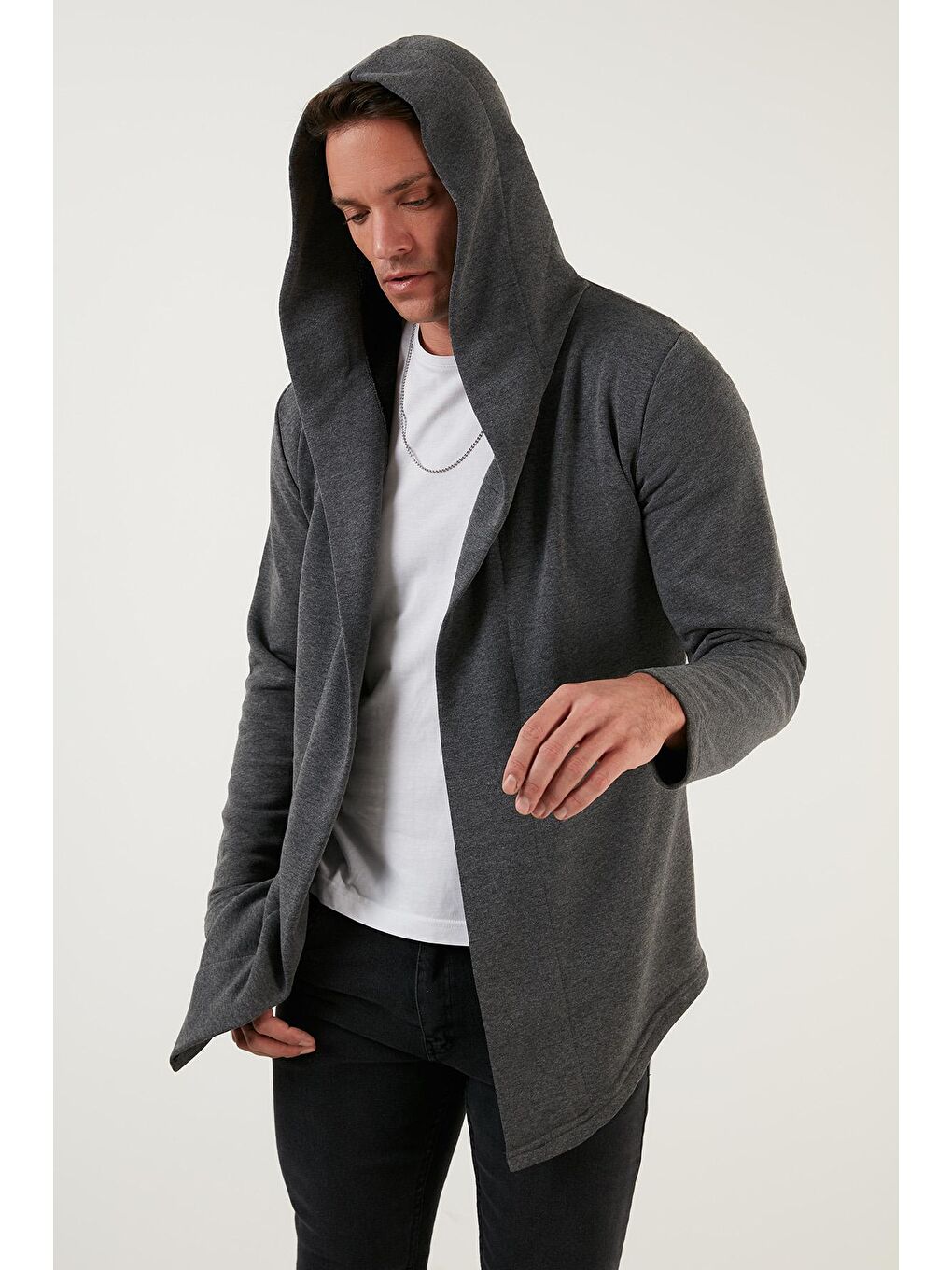 Antrasit Slim Fit Pamuklu Kapüşonlu Örme Hırka 5896587-3