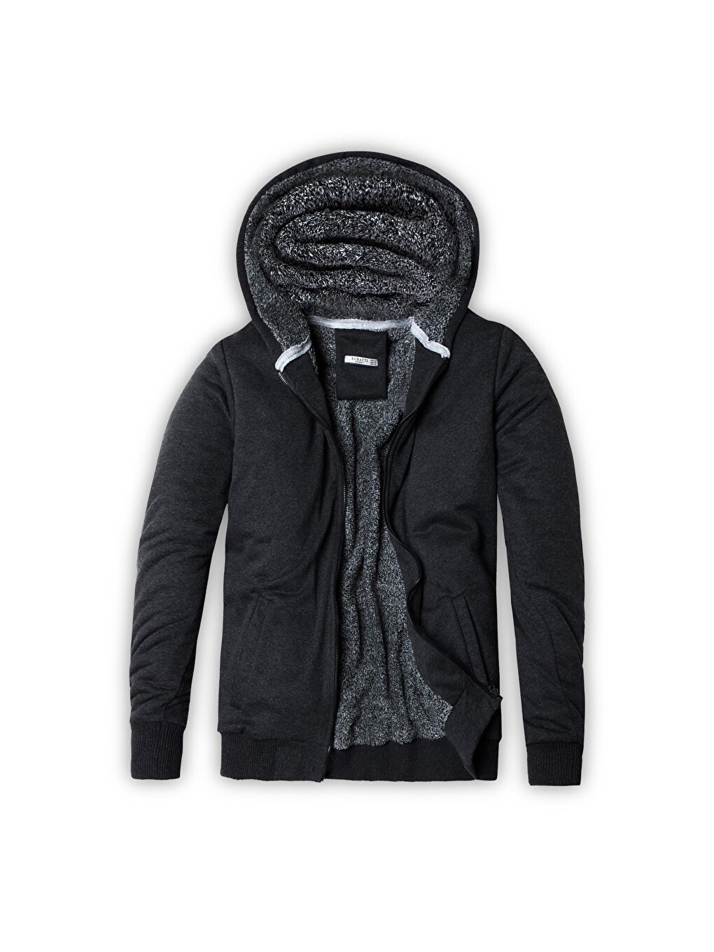 Gri İçi Kürklü Kapüşonlu Erkek Fermuarlı Sweatshirt Hırka Slim Fit 575708-4
