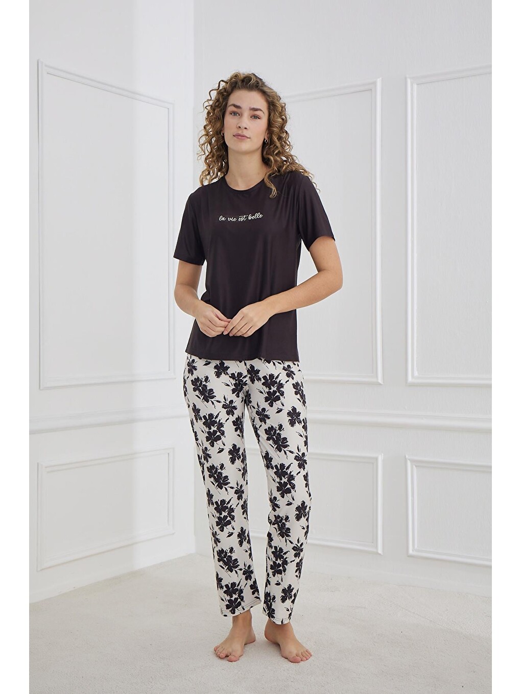 Siyah Marla Kadın  Bisiklet Yaka Pijama Takım | 30102