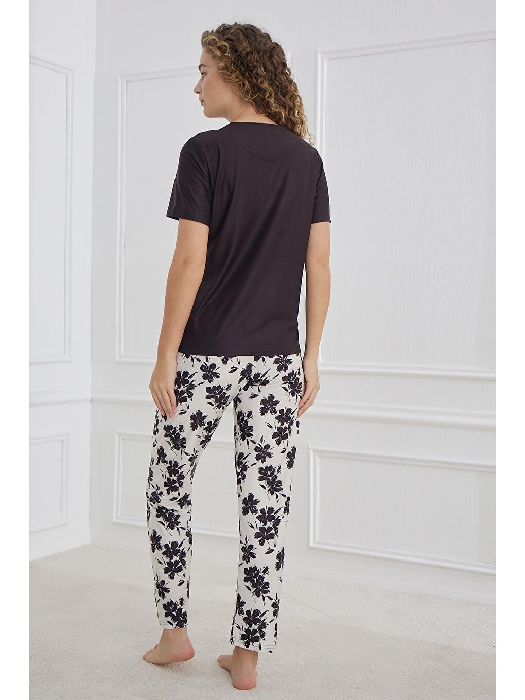 Siyah Marla Kadın  Bisiklet Yaka Pijama Takım | 30102-2