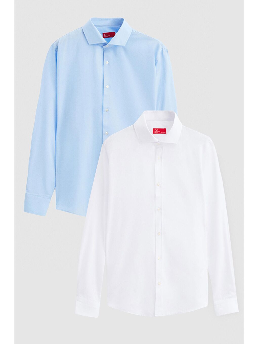 Slim Fit Açık Mavi/Beyaz İtalyan Yaka Kolay Ütülenebilir 2'Li Gömlek