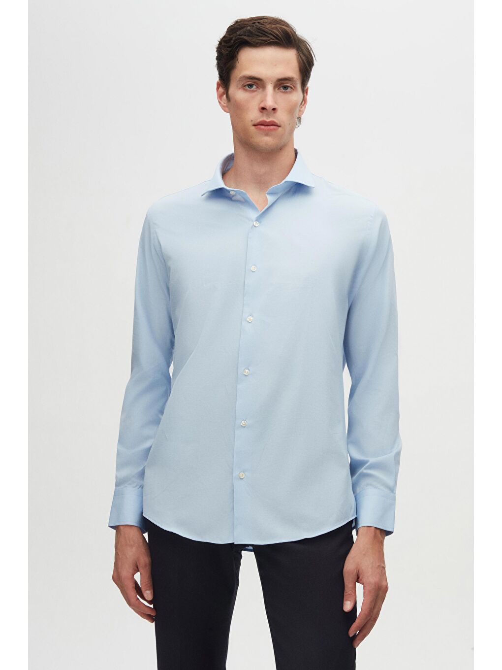 Slim Fit Açık Mavi/Beyaz İtalyan Yaka Kolay Ütülenebilir 2'Li Gömlek-1