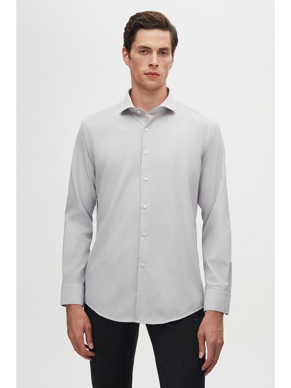 Slim Fit Gri/Beyaz İtalyan Yaka Kolay Ütülenebilir 2'Li Gömlek-1