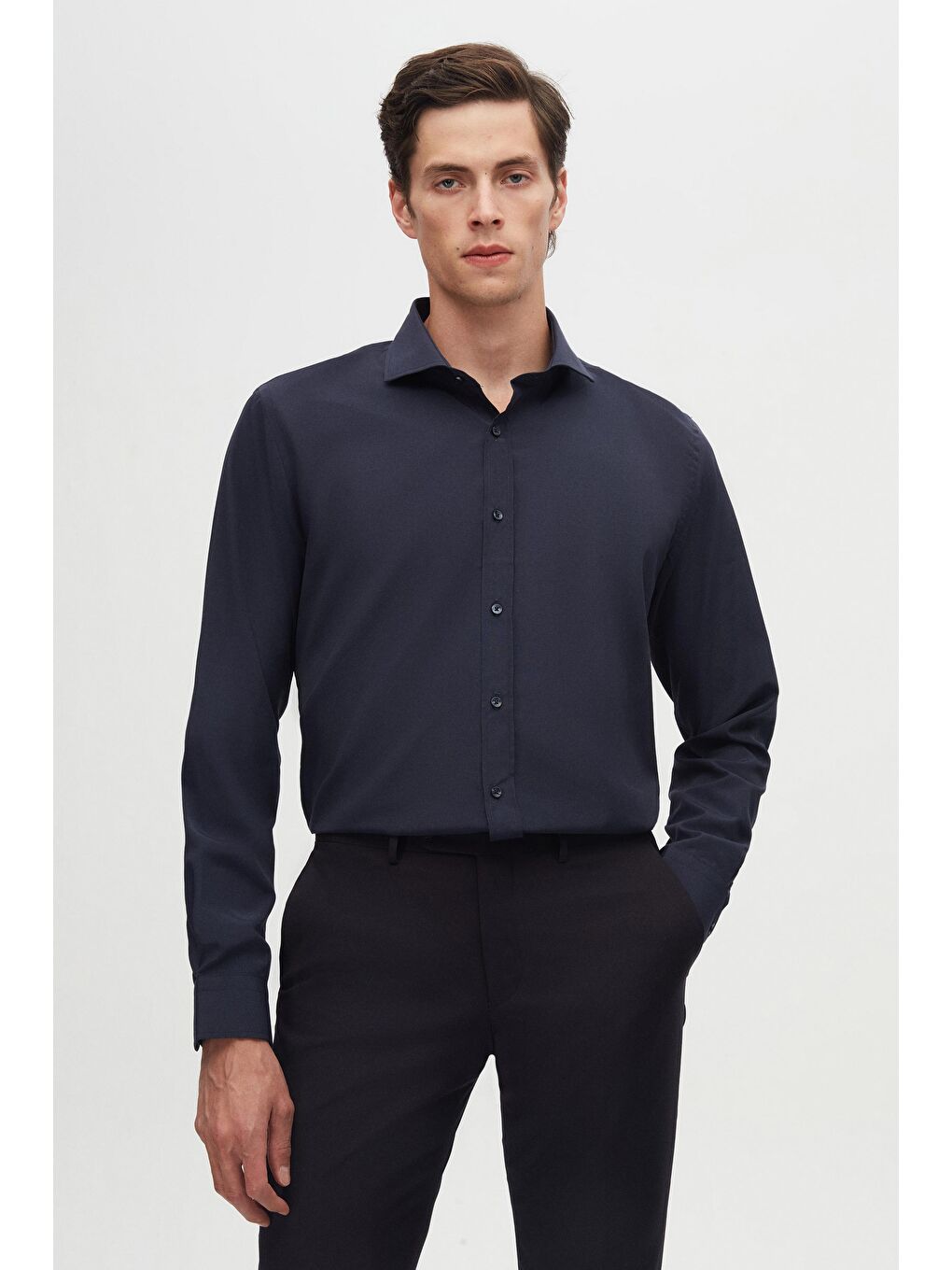 Karışık Slim Fit Lacivert/Açık Mavi İtalyan Yaka Kolay Ütülenebilir 2'Li Gömlek-1