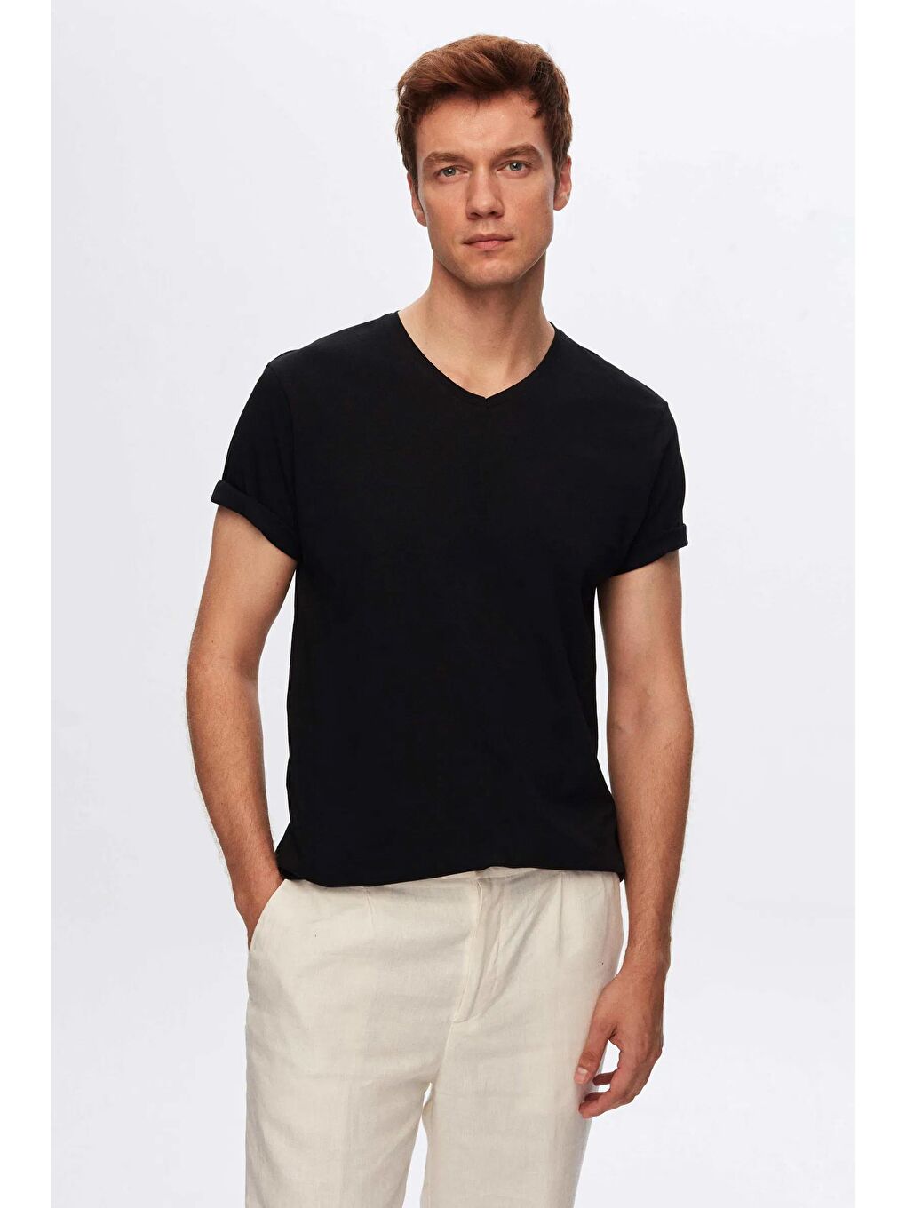 Slim Fit Siyah/Beyaz 3'lü Set V Yaka Tişört-1