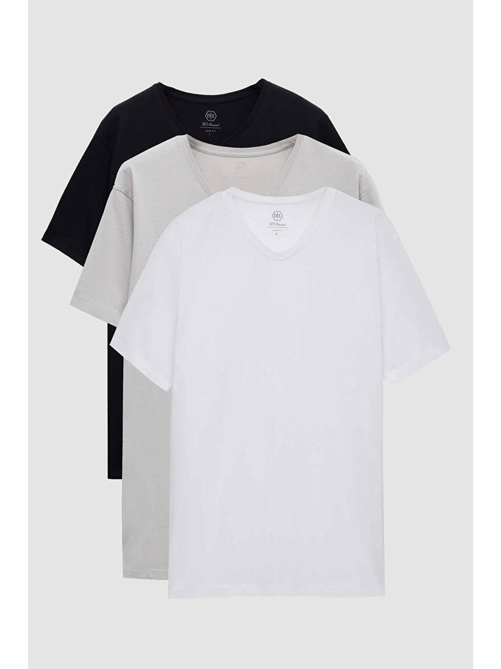 Slim Fit Siyah/Gri/Beyaz 3'lü Set V Yaka Tişört