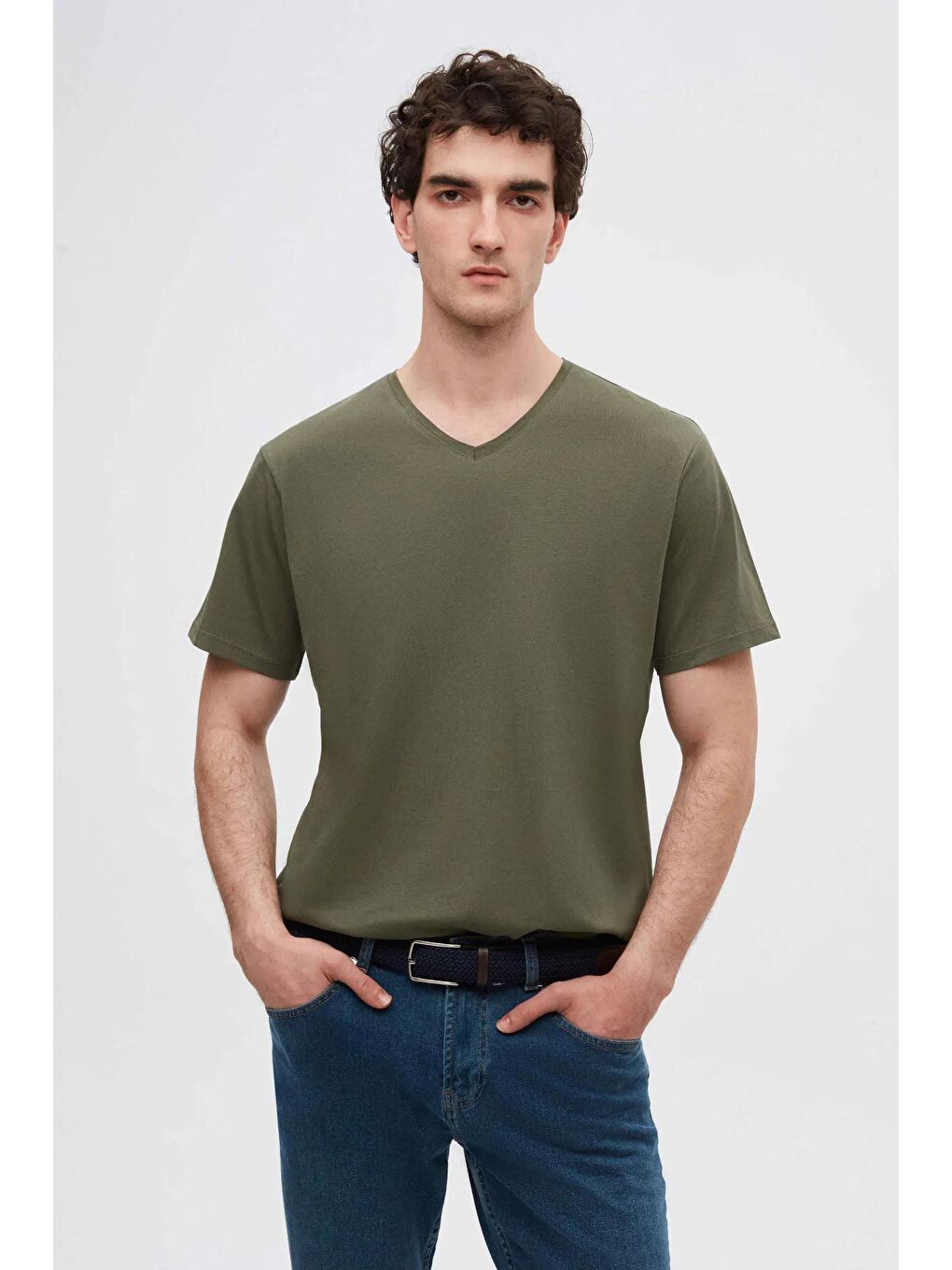 Slim Fit Haki/Bej/Beyaz 3'lü Set V Yaka Tişört-1