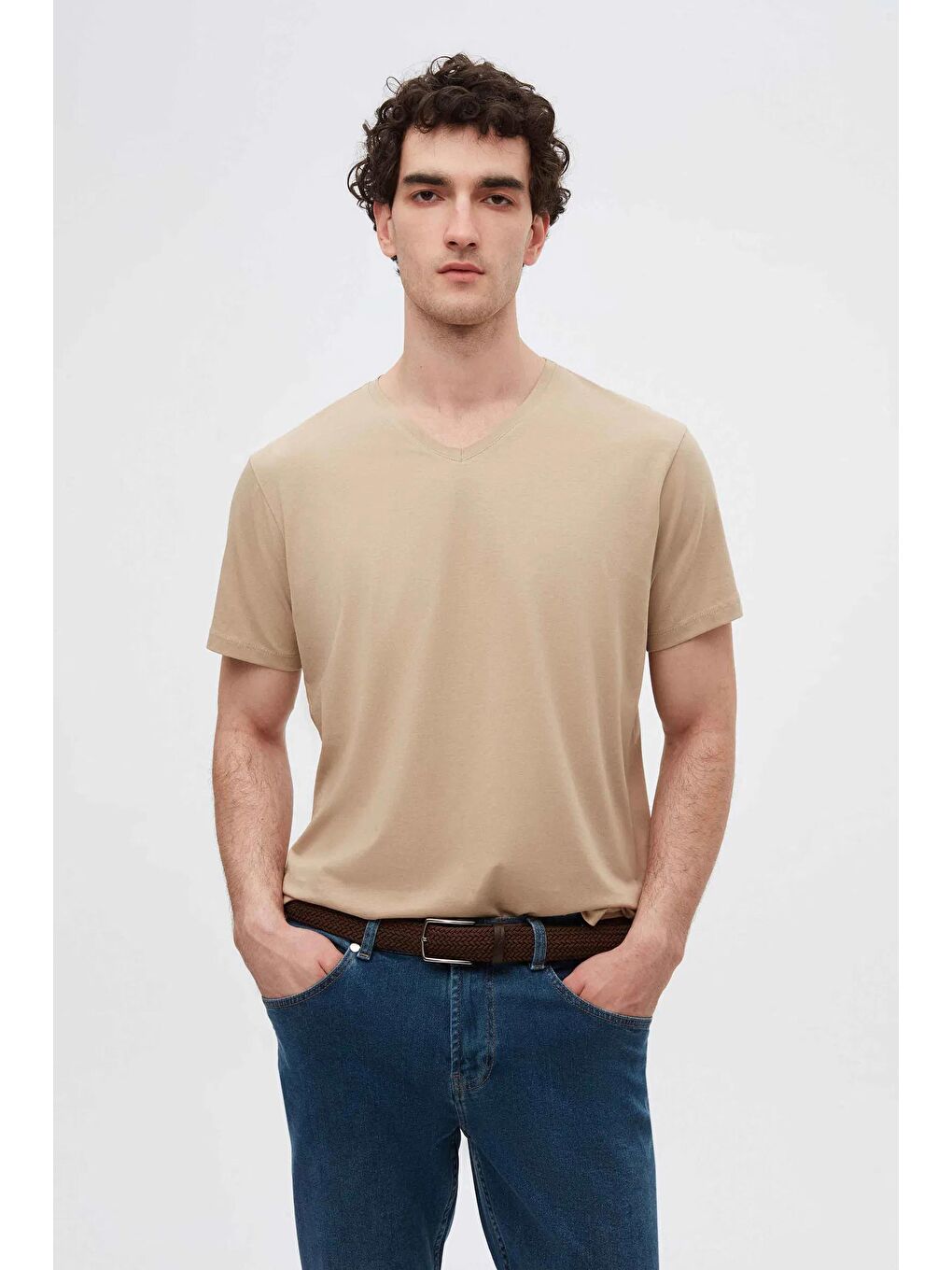 Slim Fit Haki/Bej/Beyaz 3'lü Set V Yaka Tişört-3