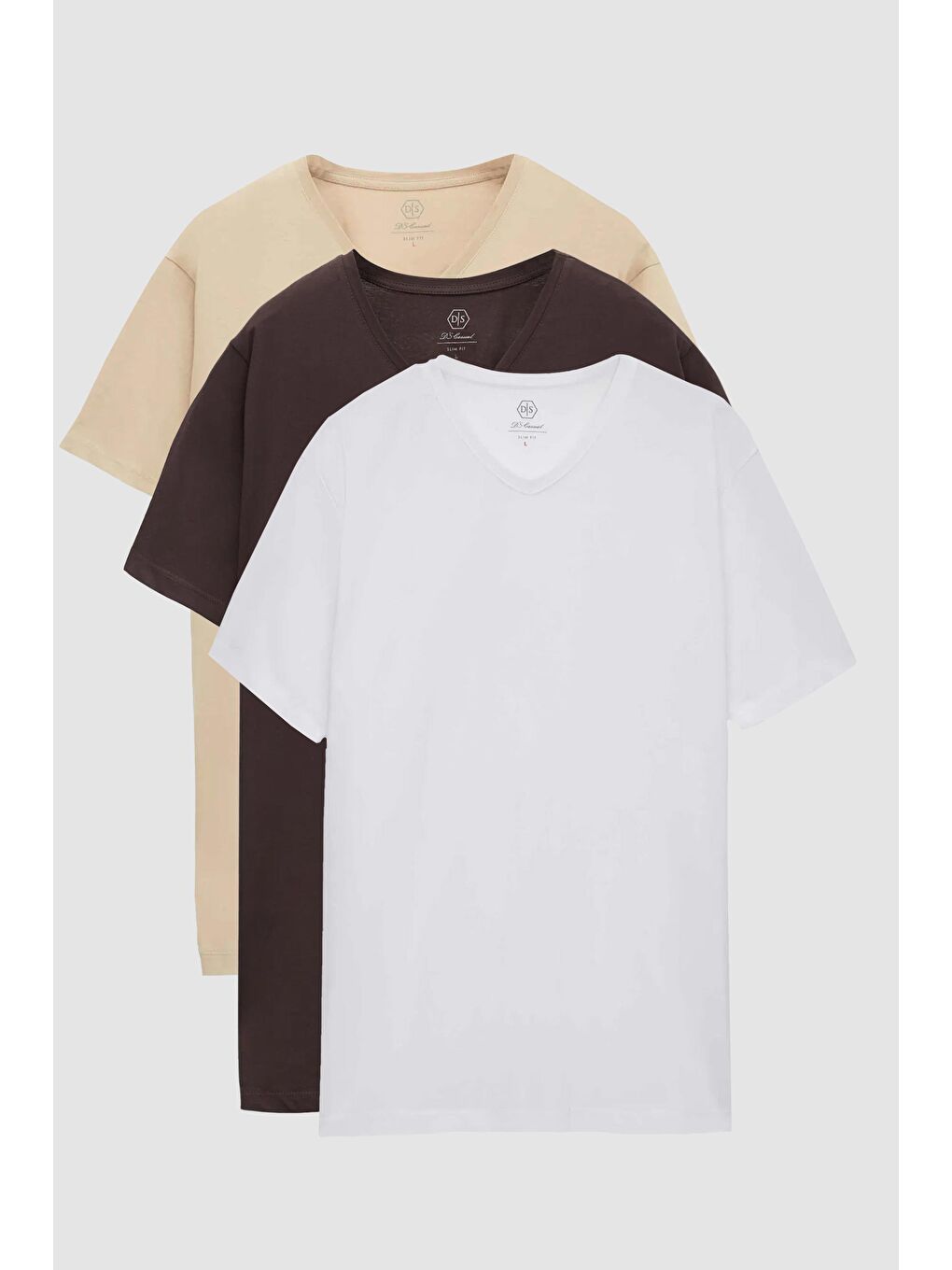 Kahverengi Slim Fit Kahve/Bej/Beyaz 3'lü Set V Yaka Tişört