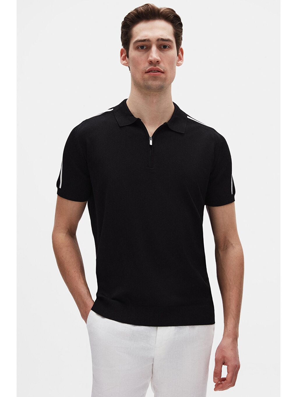 Slim Fit Siyah Rayon Polo Yaka Fermuarlı Triko Tişört