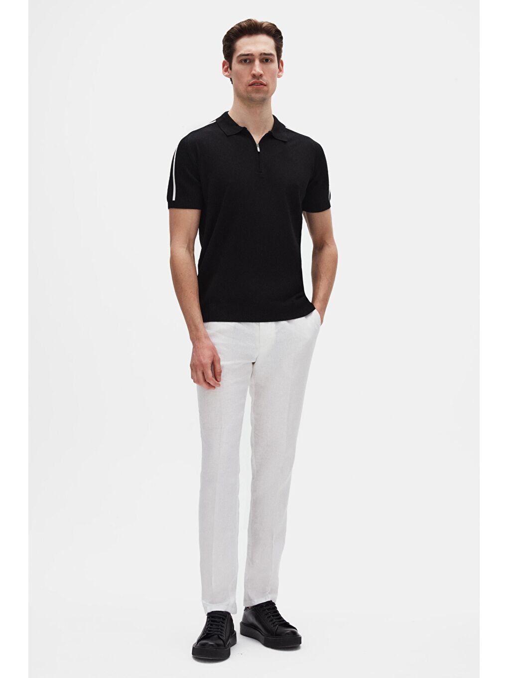Slim Fit Siyah Rayon Polo Yaka Fermuarlı Triko Tişört-2