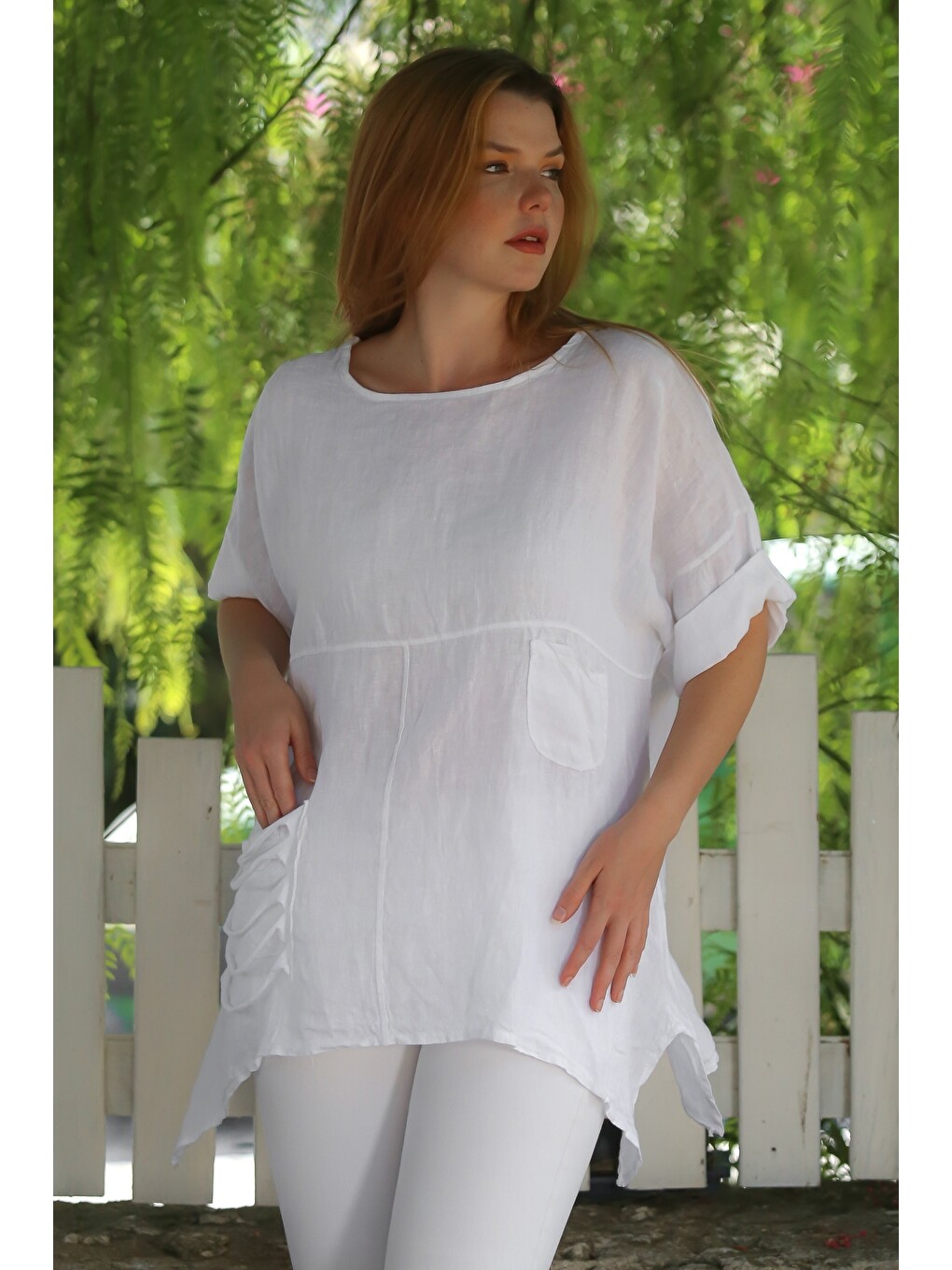 İtalyan Beyaz Havuz Yaka Cepli Yıkamalı Keten Asimetrik Oversize Dokuma Bluz 75 65-3