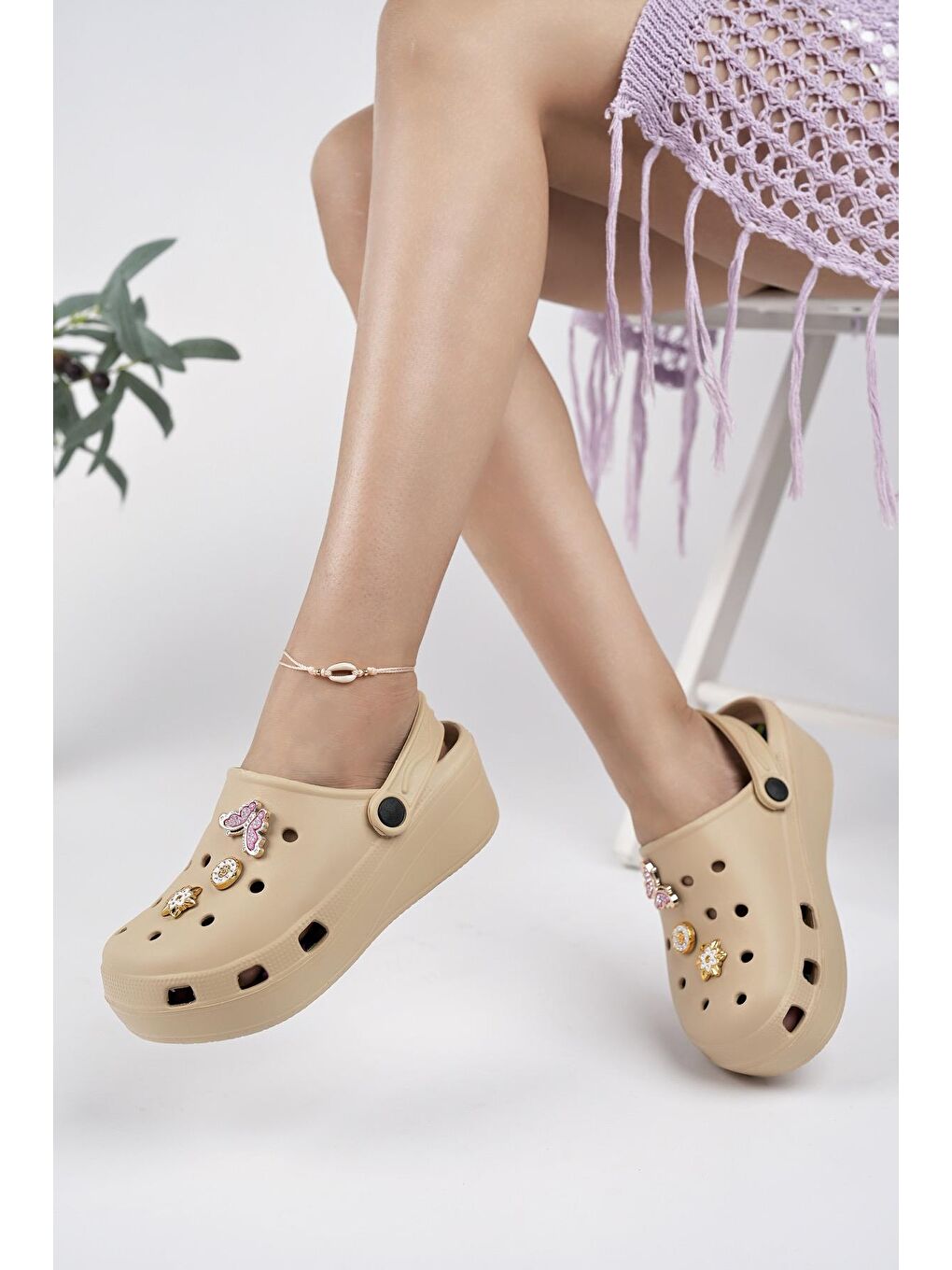 Bej CRX-TAŞLI Kadın Terlik Plaj Deniz Havuz Terliği-1