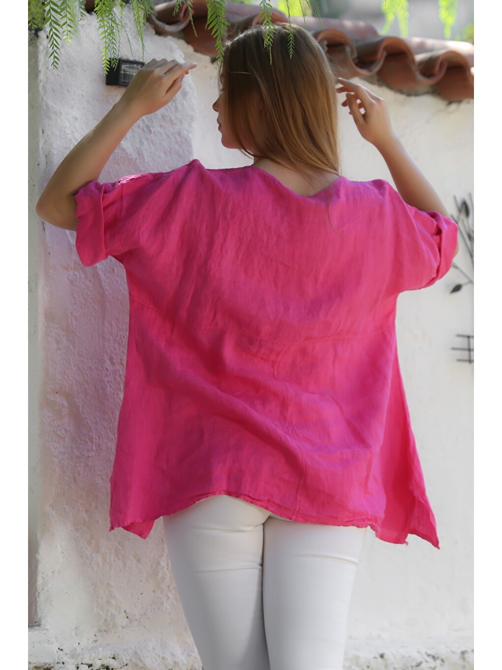 İtalyan Fuşya Havuz Yaka Cepli Yıkamalı Keten Asimetrik Oversize Dokuma Bluz 75 65-1